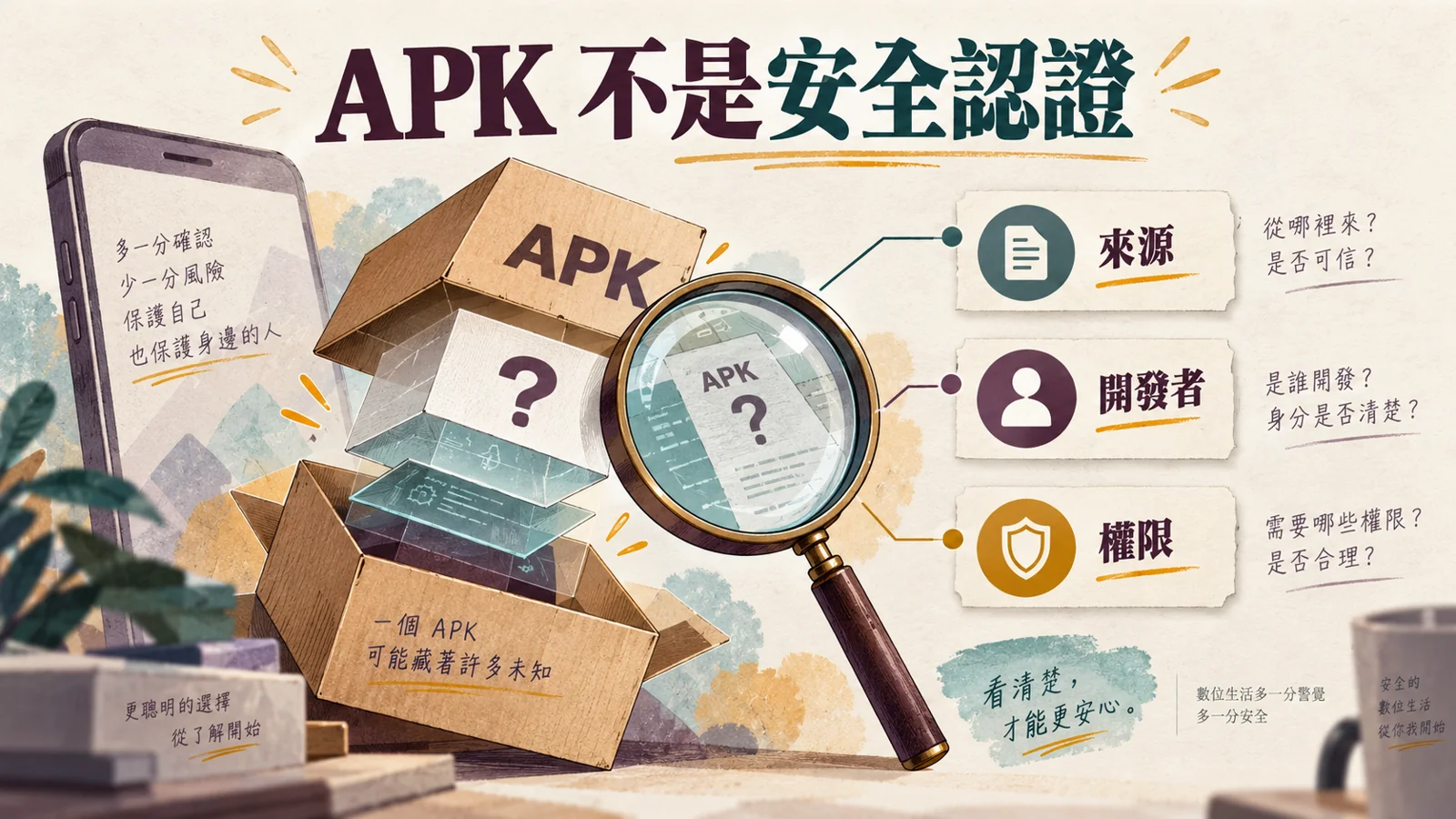 APK 套件剖面及放大鏡，分開檢查來源、開發者與權限
