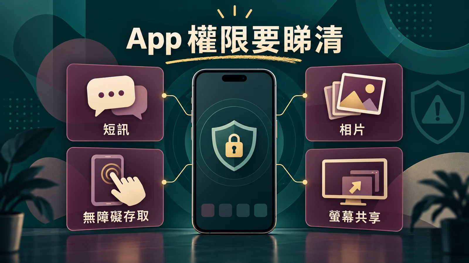 手機周圍列出短訊、相片、無障礙存取及螢幕共享的 App 權限示意
