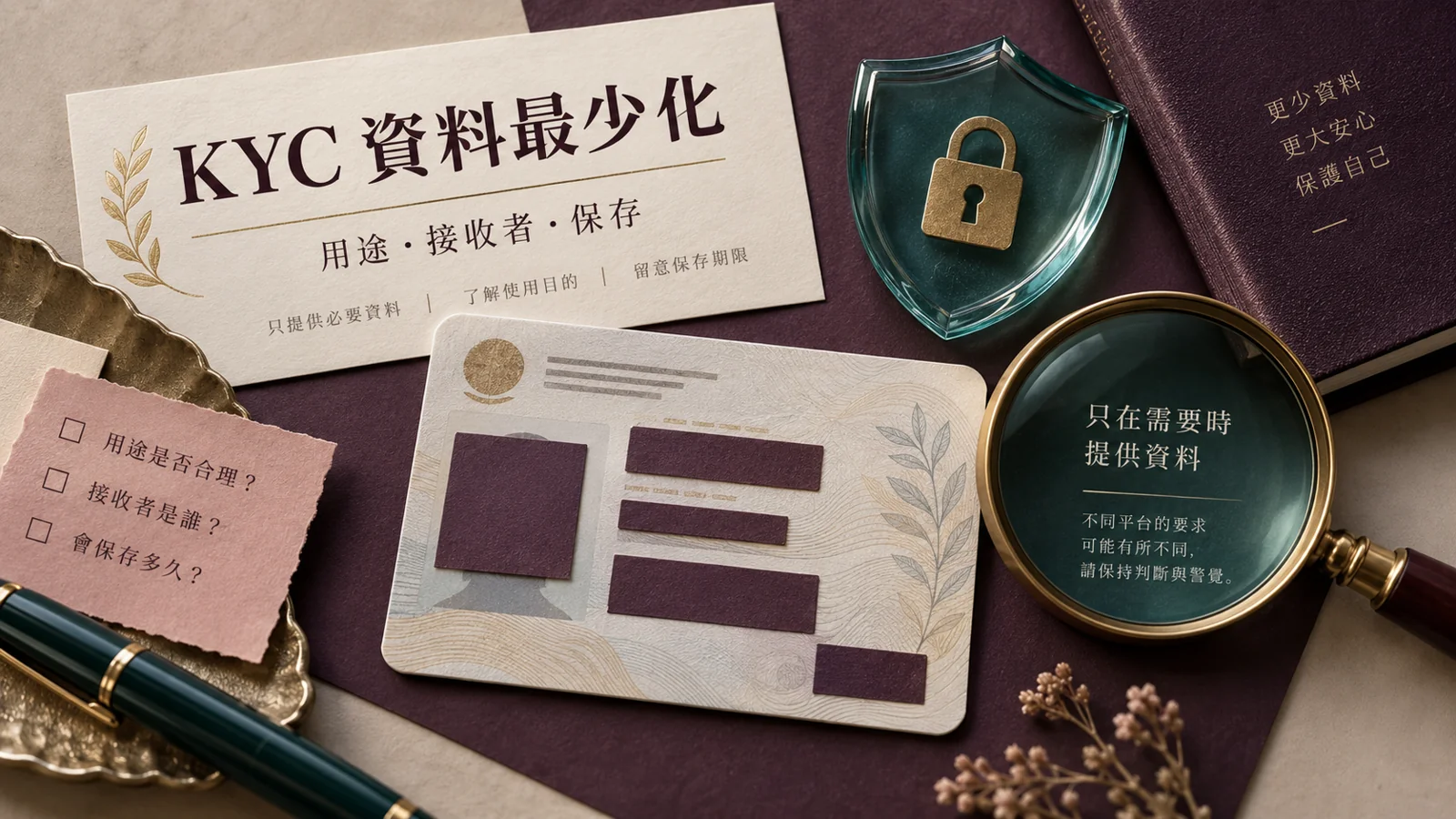 虛構 KYC 文件與遮蓋欄位，說明用途、接收者及保存安排