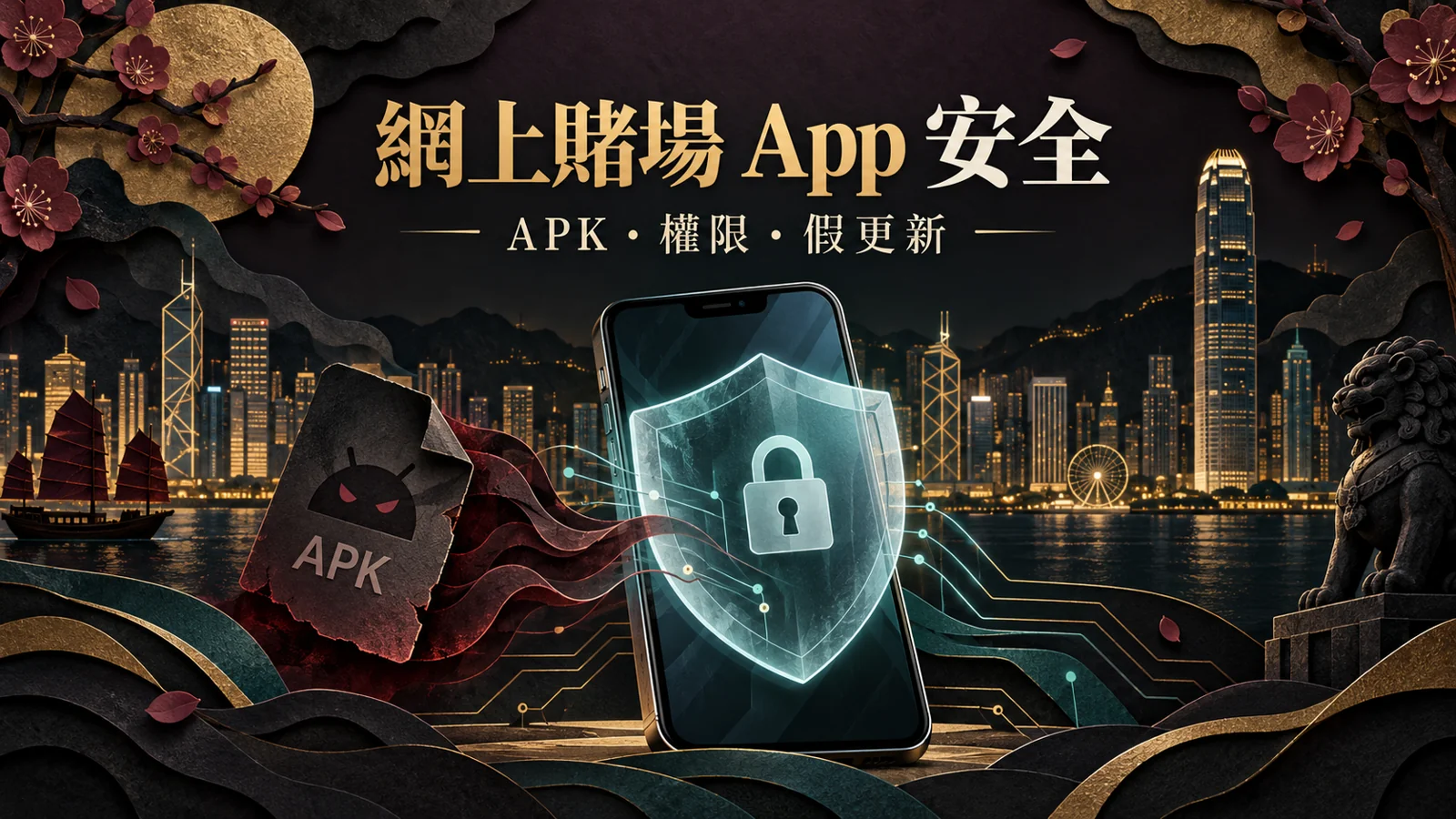 香港夜景、手機防護盾及可疑 APK 的網上賭場 App 安全概念插圖