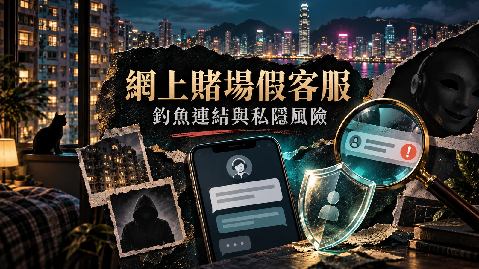 香港夜景與手機假客服對話的網上賭場防騙概念插圖