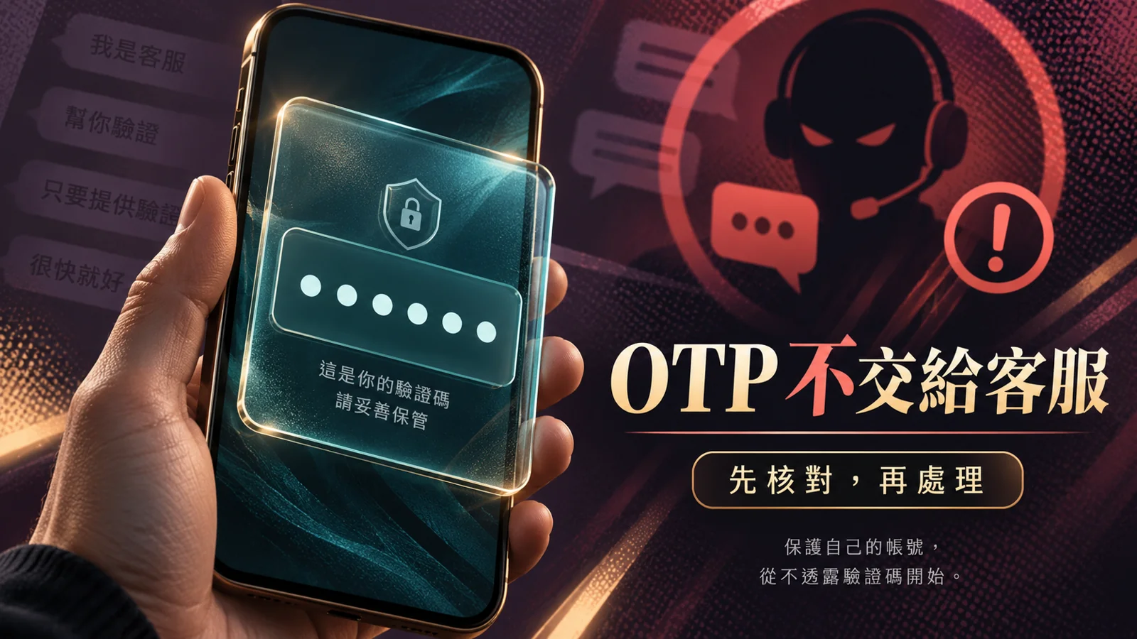 手機 OTP 驗證碼由玻璃盾保護，外圍是未核實客服圖示