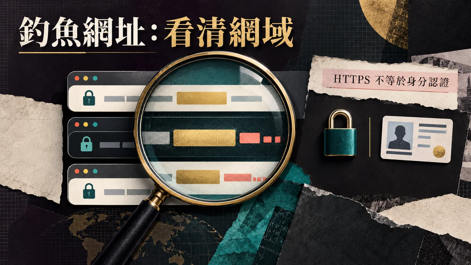 放大鏡檢查釣魚網址，旁邊比較 HTTPS 鎖頭與身分核實