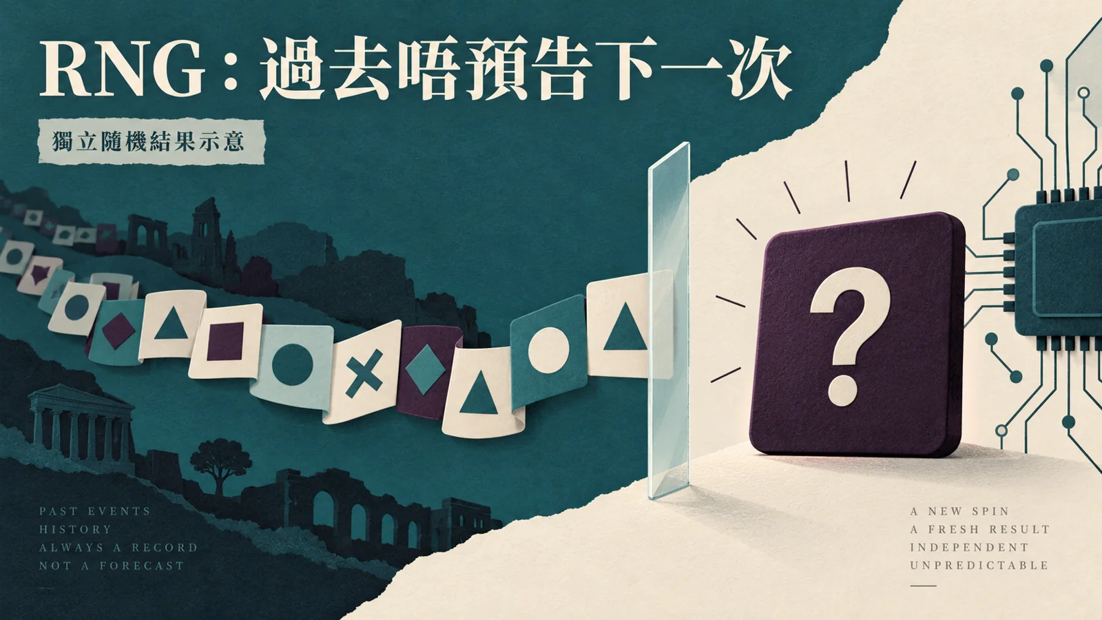 歷史符號卡與問號隔開,說明 RNG 獨立隨機結果不能靠先前紀錄預告