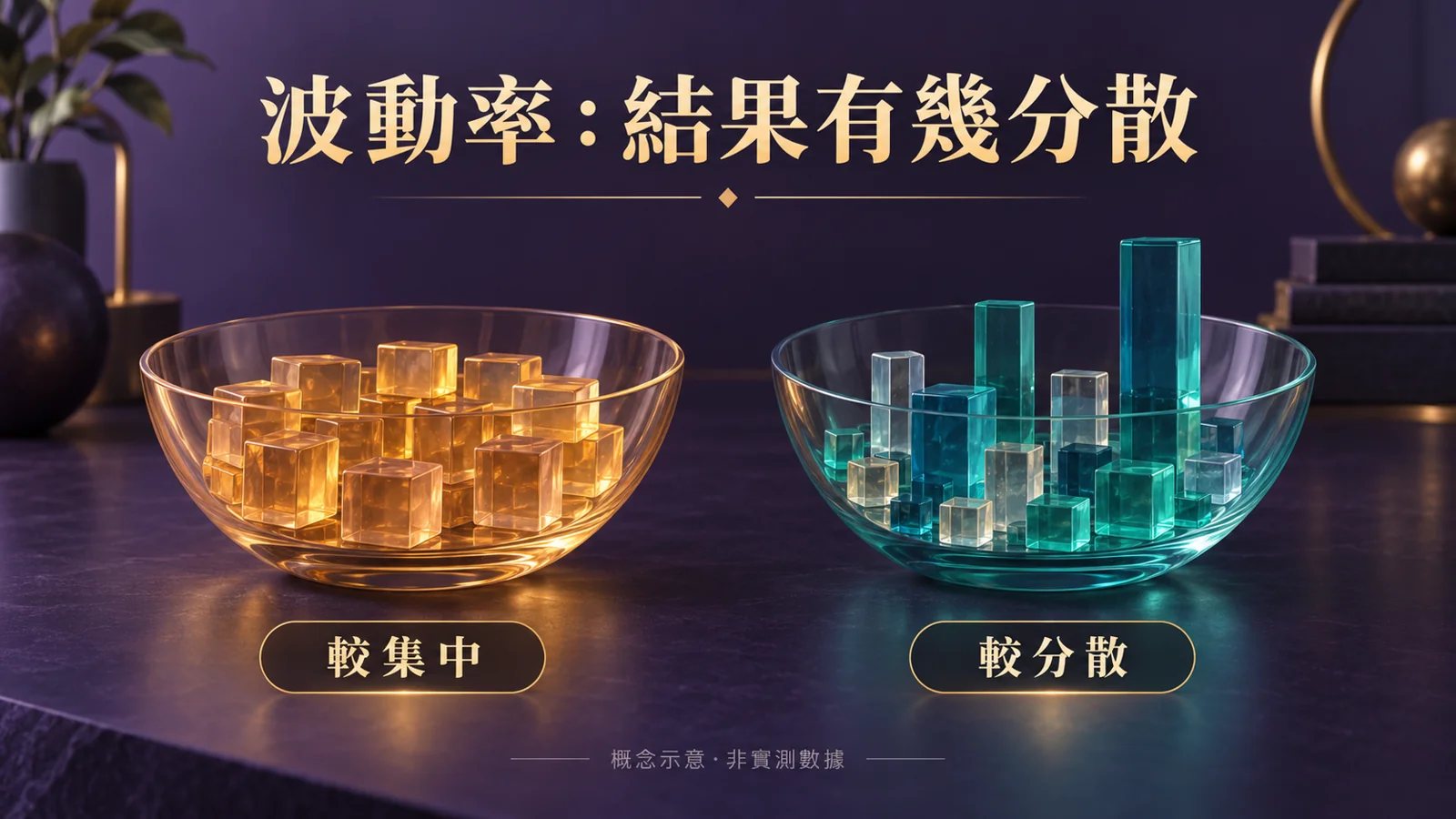 兩組大小不同的玻璃方塊示意老虎機波動率的集中與分散概念