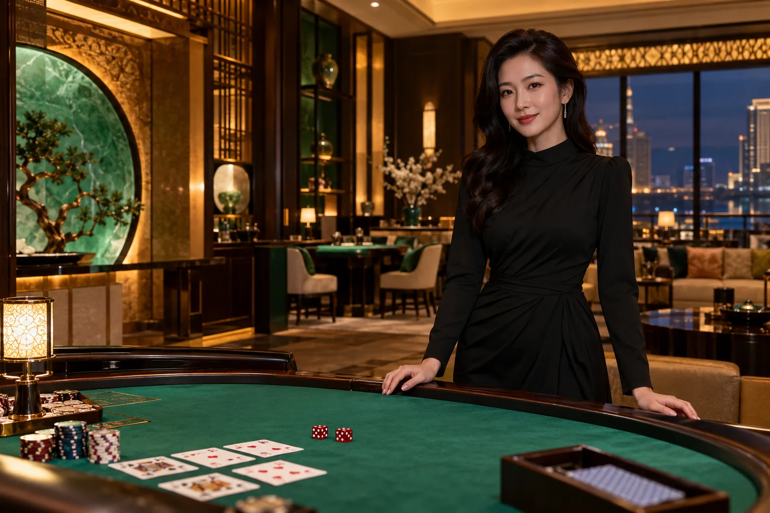 真人賭場遊戲場景：荷官、牌桌與骰子示意。